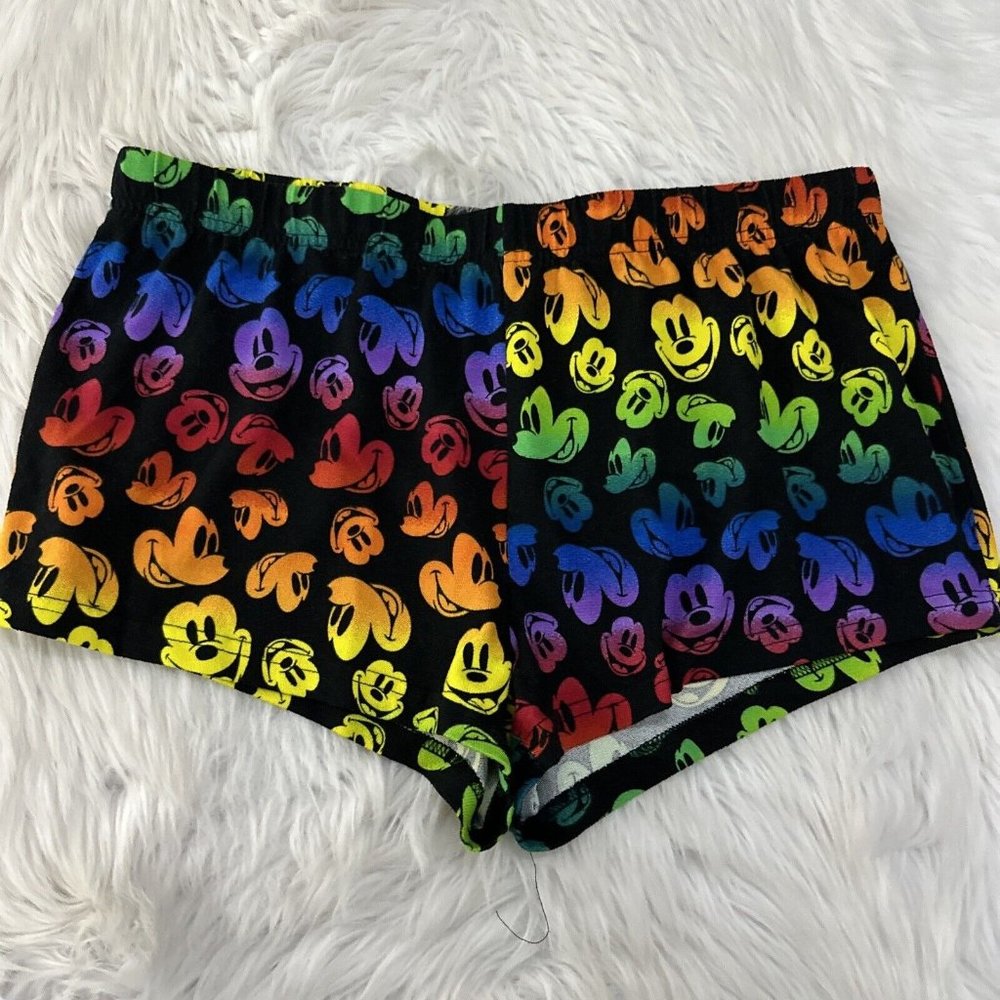 Disney womens black colorful Mickey head pajama shorts L 12/14 pull on EUC